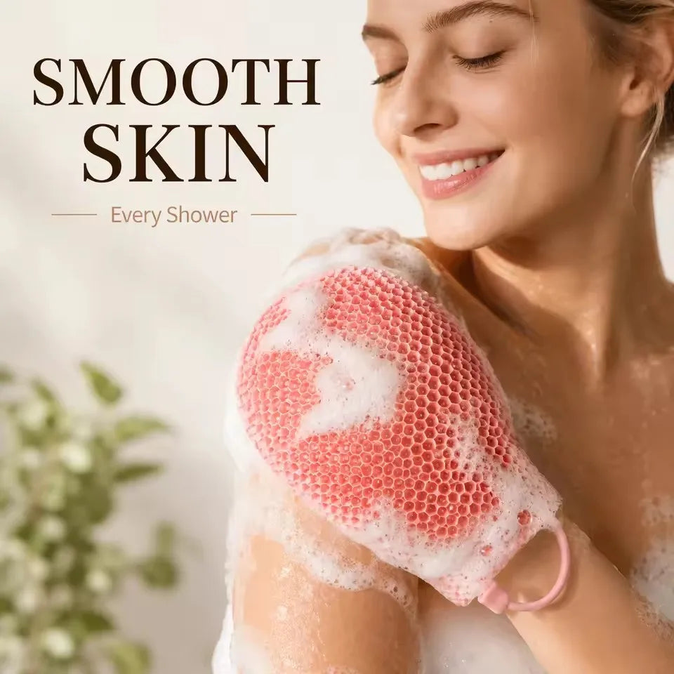 Exfoliating shower glove with colorful honeycomb weave and TPU high elasticity antibacterial material - gentle, safe and durable