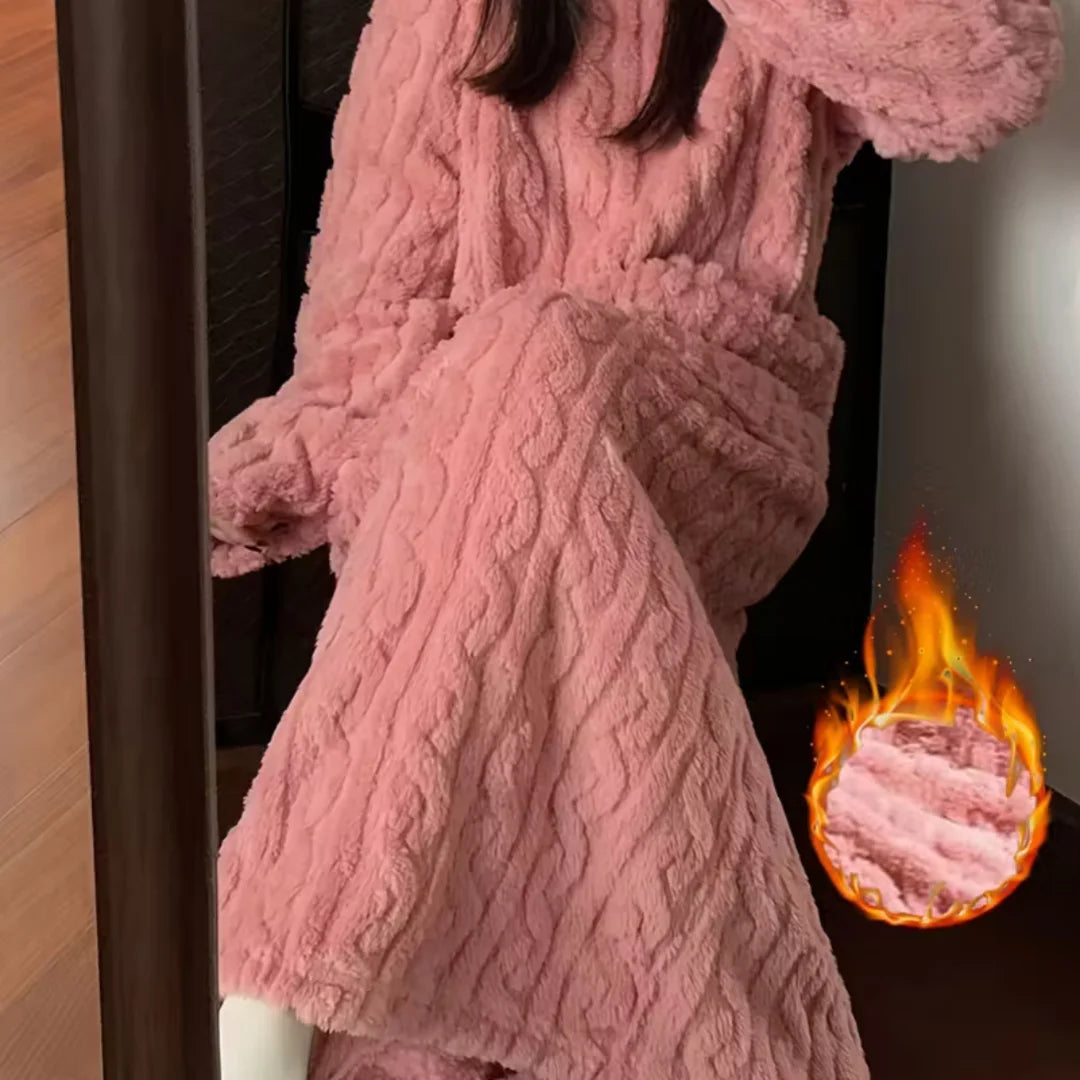 Women Coral Fleece Sleepwear Autumn Winter Thickened Warm Loose Long Robe Pajamas Homewear Casual Outerwear Nightgown